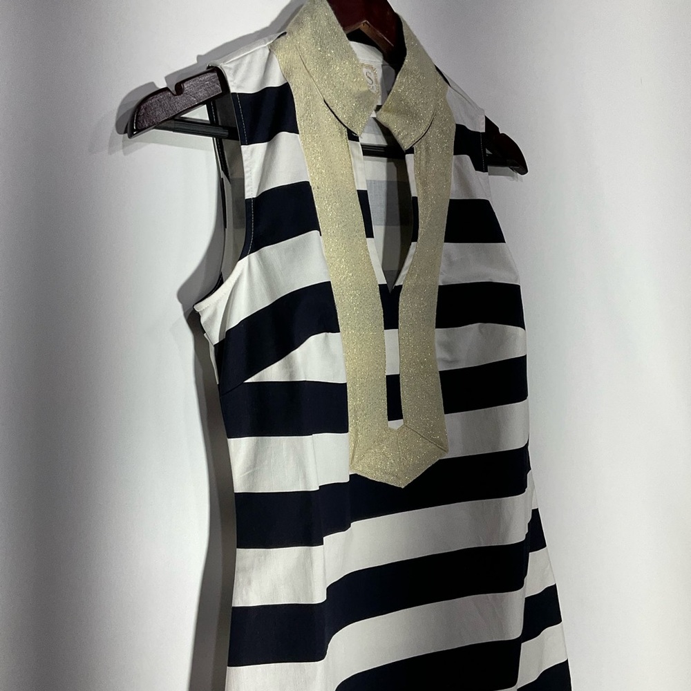 STS Sail to Sable navy & white striped dress gold collar & neckline, side zip XS - Picture 10 of 16